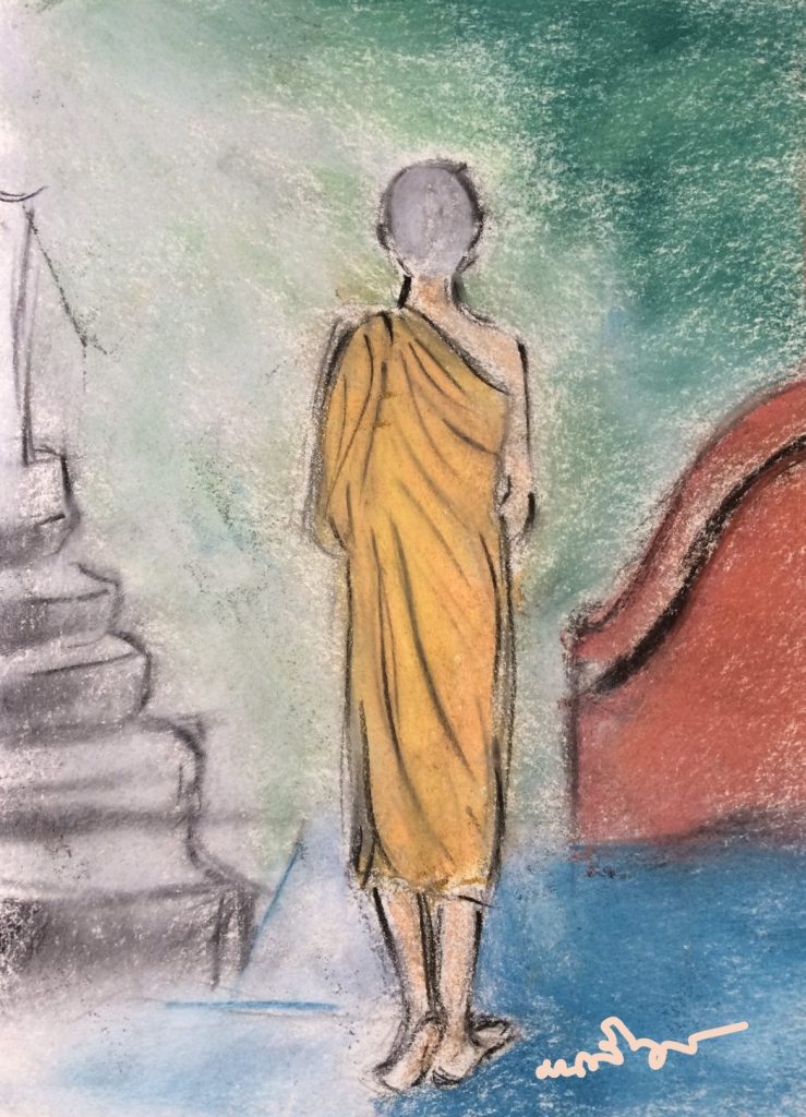 "เดินสมาธิ" ภาพวาดสีชอล์ก โดย มนสิกุล  
